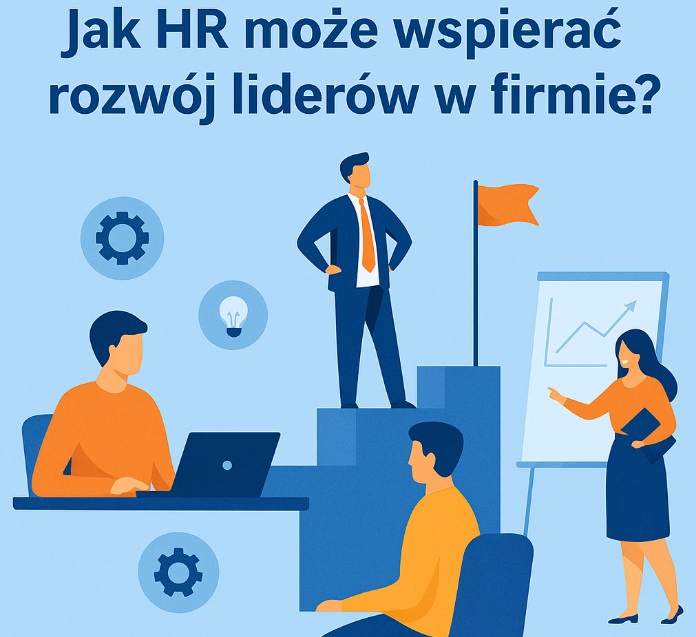 Ilustracja w stylu flat na niebieskim tle – HR wspiera rozwój liderów w firmie, osoby pracujące przy komputerze, trener pokazujący wykres i lider stojący na podium z flagą.