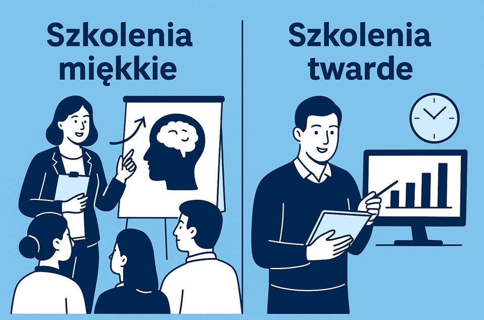 Ilustracja porównująca szkolenia miękkie i twarde w HR, ukazująca różnice w kompetencjach i podejściu do rozwoju pracowników.