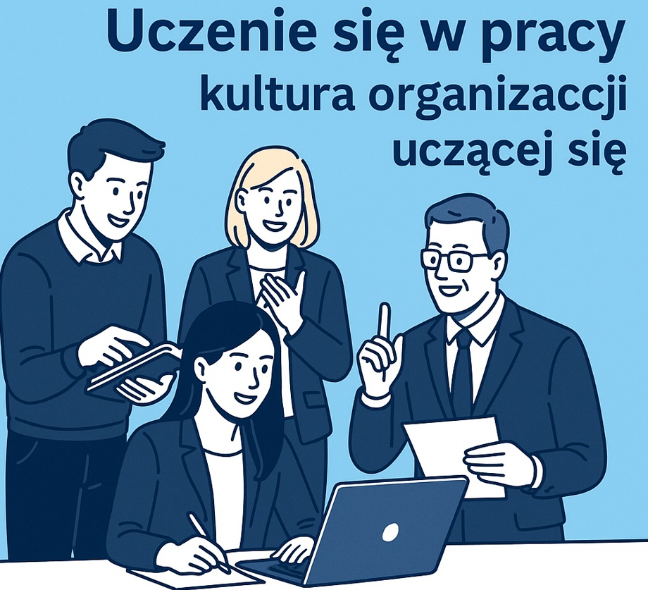 Ilustracja cyfrowa przedstawiająca cztery osoby współpracujące przy biurku, symbolizująca kulturę organizacji uczącej się i rozwój pracowników.