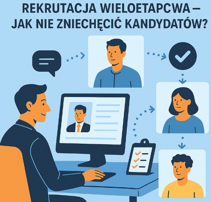 Ilustracja w stylu flat przedstawiająca proces rekrutacji wieloetapowej – rekruter przy komputerze analizuje kandydatów na jasno niebieskim tle.