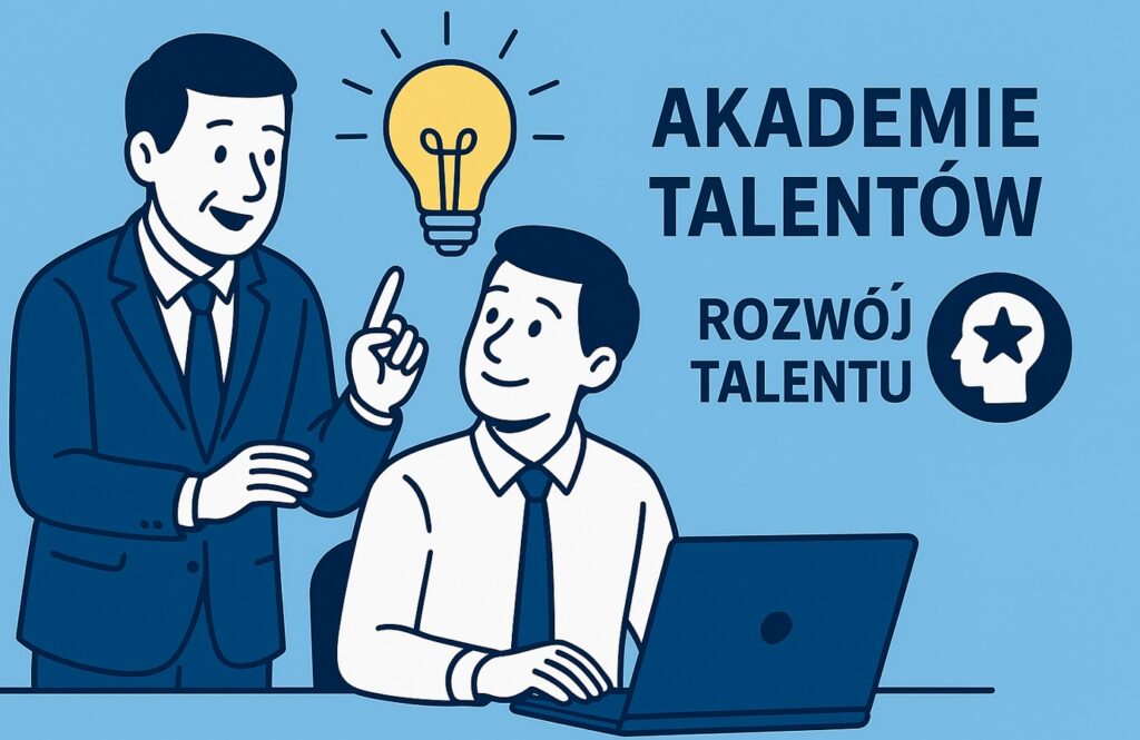 Mentor wspierający młodego pracownika przy laptopie, symbolizujący rozwój talentów w firmie