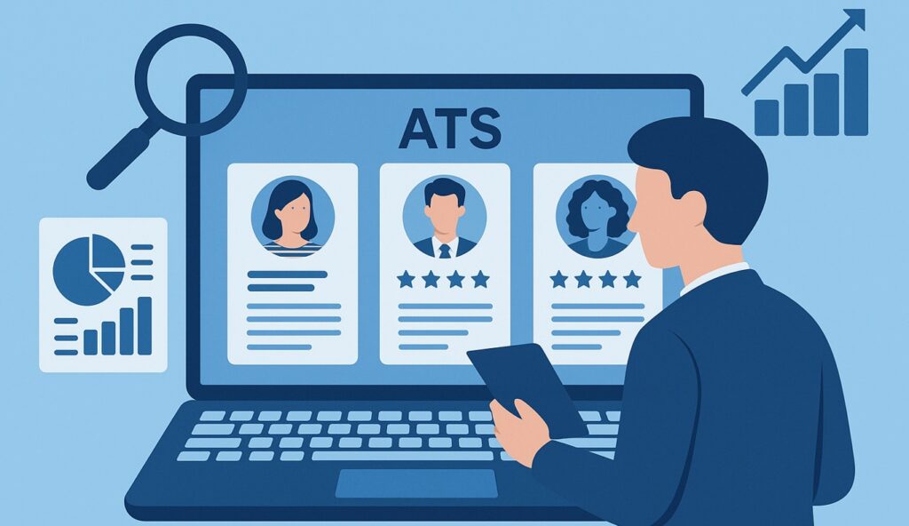 Rekruter analizujący kandydatów w systemie rekrutacyjnym ATS na laptopie