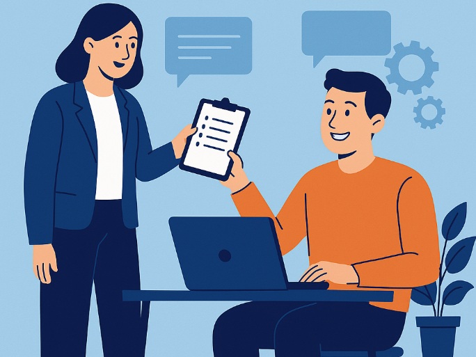 Ilustracja w stylu flat design przedstawiająca sesję coachingową – kobieta w marynarce wręcza mężczyźnie notatnik podczas rozmowy przy biurku z laptopem, w tle symbole pracy zespołowej.