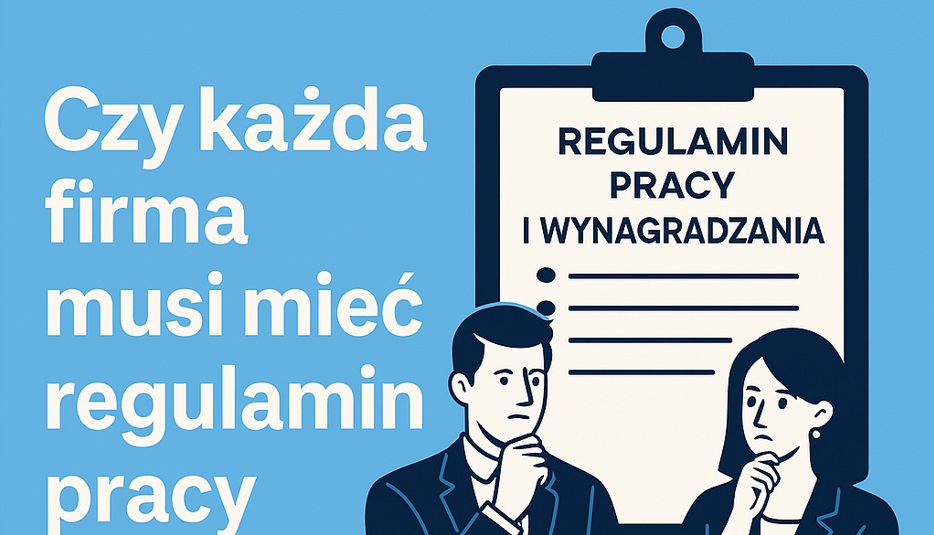 Ilustracja przedstawiająca pracownika i dokumenty firmowe na błękitnym tle – symboliczne ujęcie regulaminu pracy i wynagradzania.