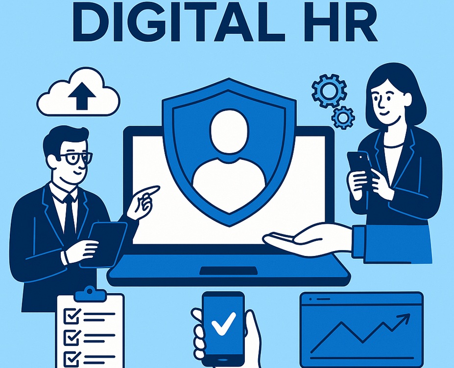 Ilustracja przedstawiająca cyfrową transformację w dziale HR – postacie analizujące dane na ekranach, cyfrowe ikony i narzędzia technologiczne na błękitnym tle.
