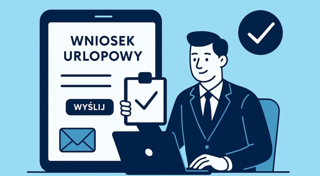 Mężczyzna korzystający z laptopa przy składaniu wniosku urlopowego online – e-obieg dokumentów w firmie