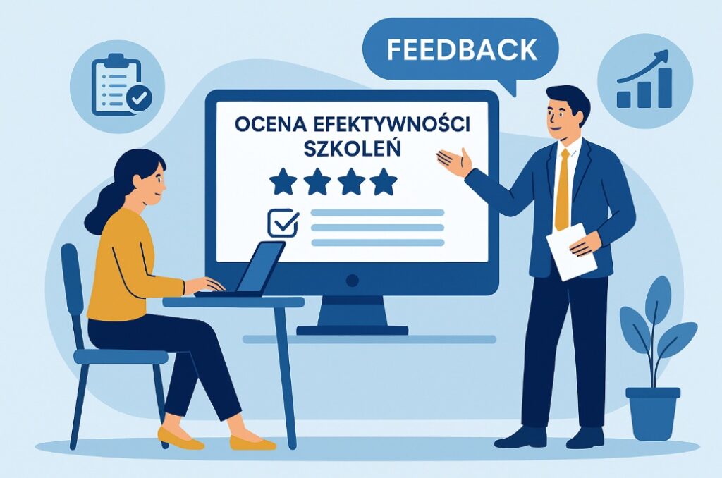 Ilustracja w stylu flat przedstawiająca ocenę efektywności szkoleń – kobieta przy laptopie wypełnia ankietę z gwiazdkami, a mężczyzna w garniturze prezentuje wyniki z napisem „Feedback” na błękitnym tle.