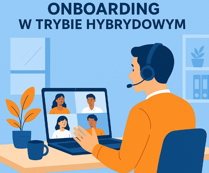 nowy pracownik w słuchawkach podczas wideokonferencji z zespołem, na ekranie widać kilka twarzy współpracowników, w tle biurko i laptop