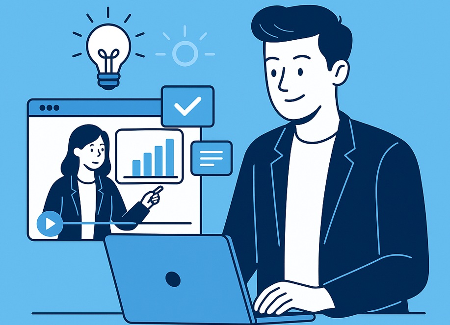 Młoda kobieta ucząca się online z urządzenia mobilnego w nowoczesnym środowisku pracy – ilustracja microlearningu na tle błękitnym.