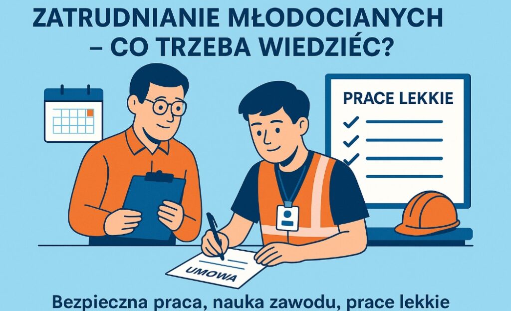 Ilustracja w stylu flat przedstawiająca zatrudnianie młodocianych – młody pracownik podpisuje umowę w obecności mentora, w tle tablica z napisem „Prace lekkie”.