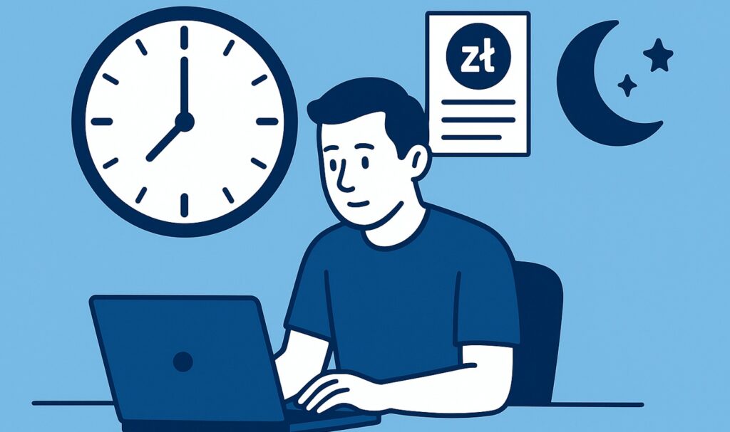 Pracownik przy laptopie pracujący w nocy z widocznym zegarem i księżycem w tle