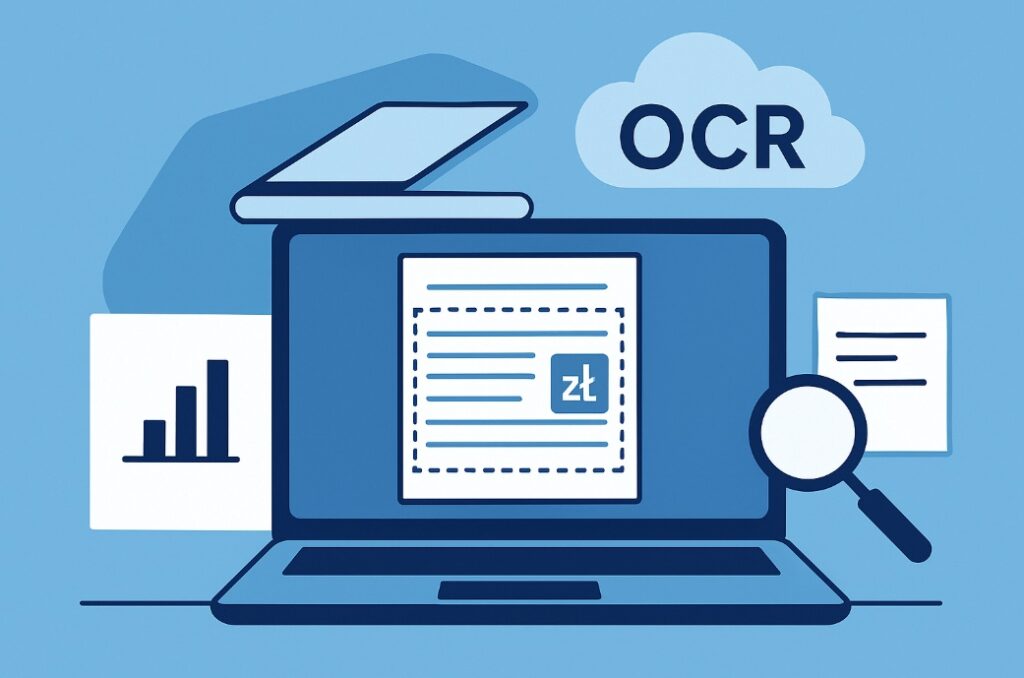 Ilustracja w stylu flat przedstawiająca technologię OCR w dziale kadr – komputer skanujący dokumenty z automatycznym rozpoznawaniem tekstu, błękitne tło.