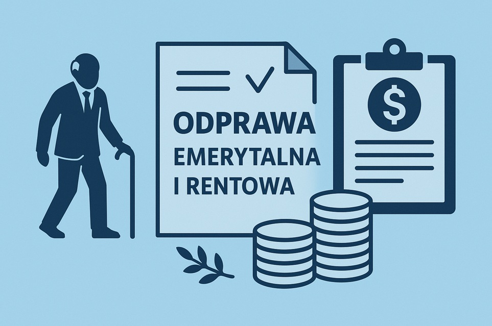Ilustracja w stylu flat przedstawiająca odprawę emerytalną i rentową – starszy mężczyzna z laską, dokument z napisem „Odprawa emerytalna i rentowa”, monety oraz clipboard na błękitnym tle.