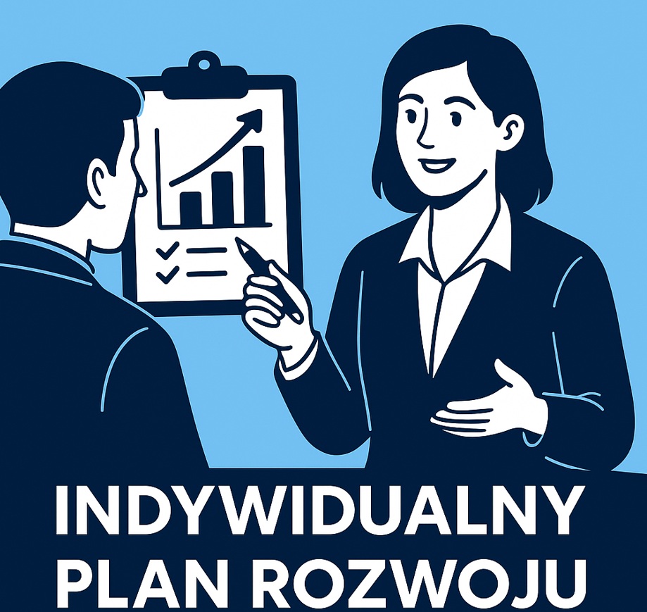 Ilustracja przedstawiająca profesjonalistkę analizującą indywidualny plan rozwoju na tle elementów graficznych symbolizujących rozwój kariery