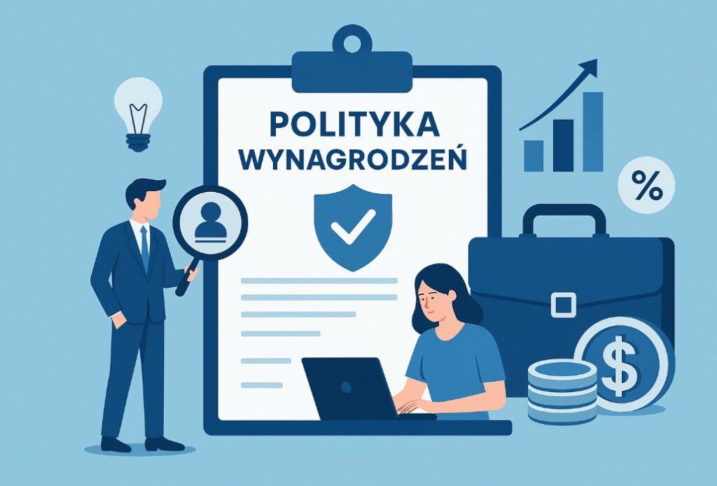 Ilustracja w stylu flat przedstawiająca politykę wynagrodzeń w firmie – menedżer omawia wykresy płacowe i budżet wynagrodzeń na błękitnym tle.