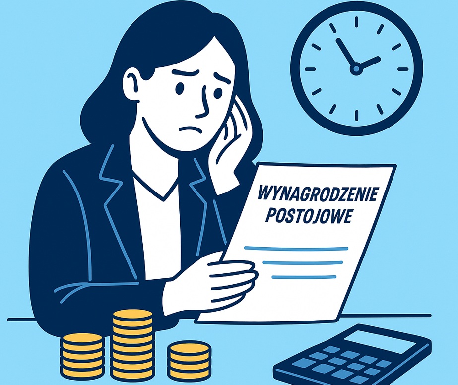 Ilustracja w stylu flat przedstawiająca kobietę analizującą dokumenty kadrowe, na błękitnym tle, symbolizująca obliczanie wynagrodzenia za czas postoju.