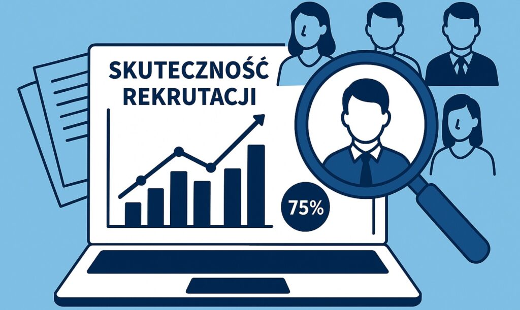 Laptop z wykresem skuteczności rekrutacji i lupą analizującą kandydatów