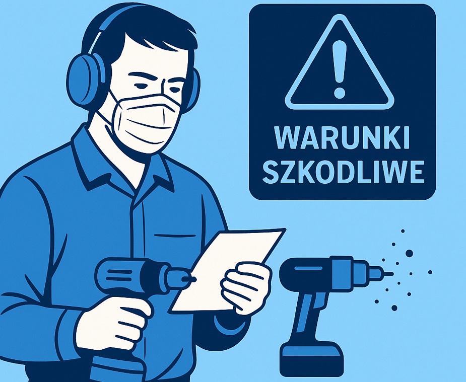 Mężczyzna w masce ochronnej i kasku podczas pracy w warunkach szkodliwych – ilustracja koncepcyjna związana z dodatkami za pracę w trudnych warunkach.