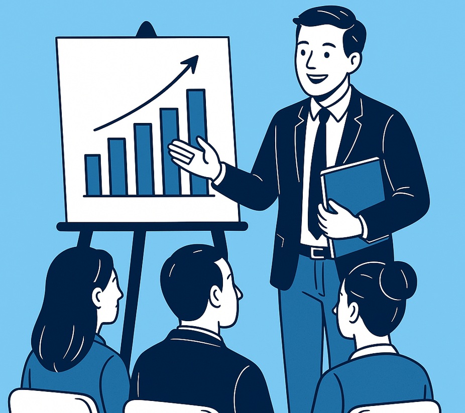 Ilustracja wektorowa przedstawiająca wewnętrznego trenera prowadzącego szkolenie w firmie – nowoczesna koncepcja rozwoju pracowników