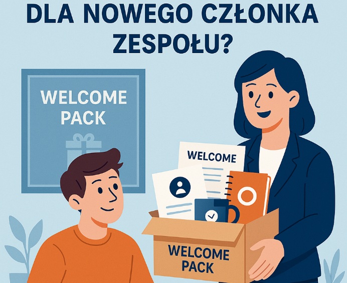 Ilustracja w stylu flat design przedstawiająca moment wręczenia „welcome packa” nowemu pracownikowi – menedżerka podaje pudełko z gadżetami firmowymi, a pracownik siedzi przy biurku i uśmiecha się.