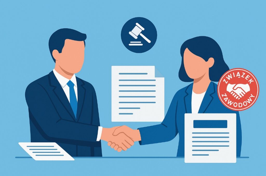 Ilustracja w stylu flat przedstawiająca współpracę pracodawcy ze związkiem zawodowym – uścisk dłoni pomiędzy kobietą i mężczyzną na tle błękitnym, z ikonami prawa pracy i symbolem „Związek zawodowy”.