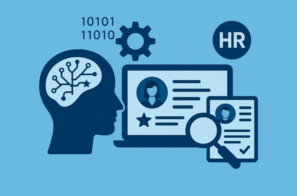 Ilustracja przedstawiająca kobietę pracującą przy laptopie z hologramowymi ikonami sztucznej inteligencji i danych, na jasnobłękitnym tle.
