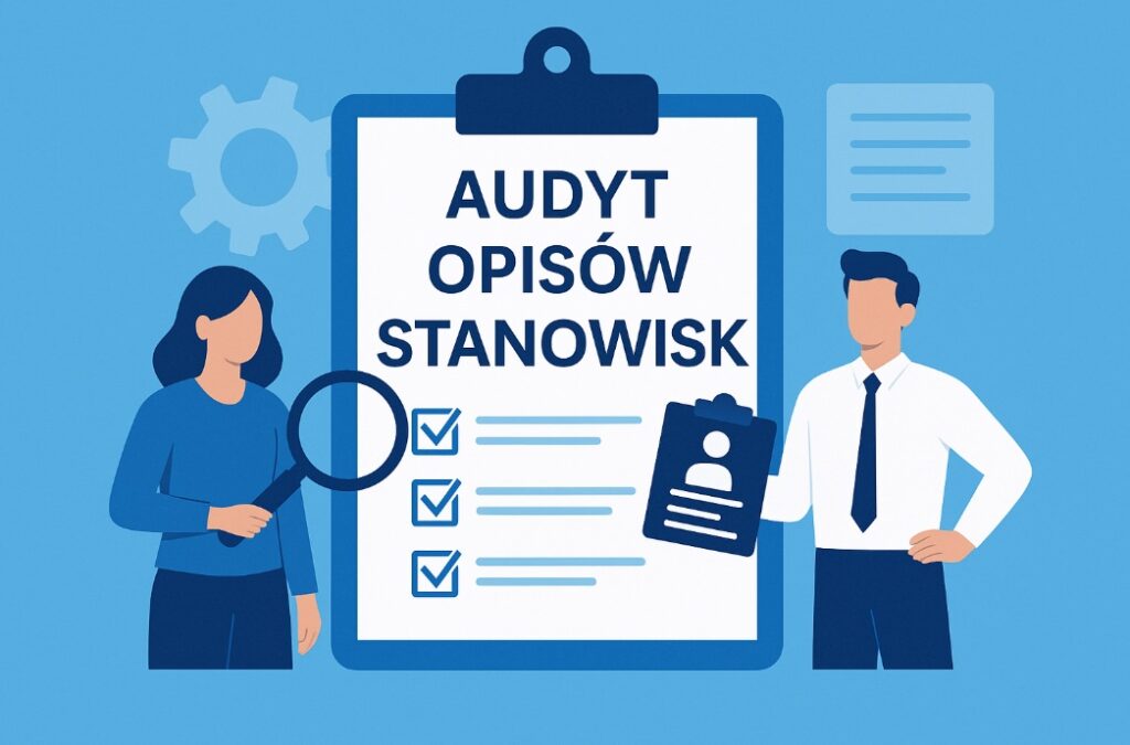 Ilustracja przedstawiająca osobę analizującą dokumenty i checklistę podczas audytu opisów stanowisk, na jasnobłękitnym tle.
