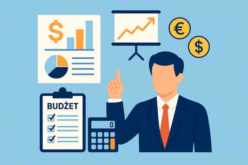 Ilustracja przedstawiająca kalkulator, wykresy i arkusz dokumentów symbolizujących analizę budżetu wynagrodzeń, na jasnobłękitnym tle.