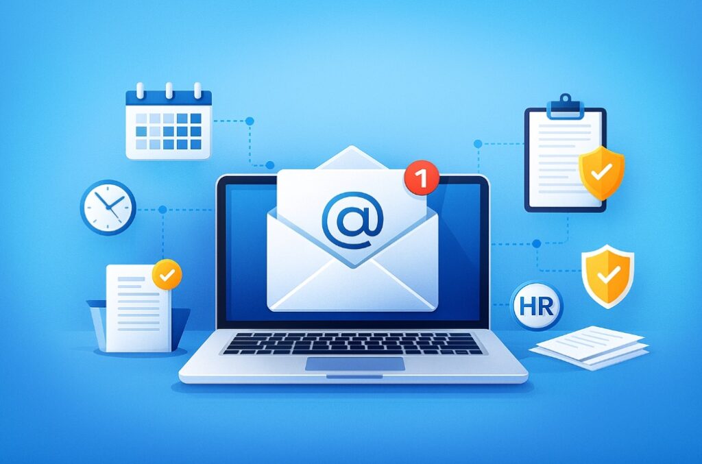 Ilustracja przedstawiająca elektroniczny obieg dokumentów HR, w tym ikony kopert, dokumentów i potwierdzeń doręczenia na jasnobłękitnym tle.