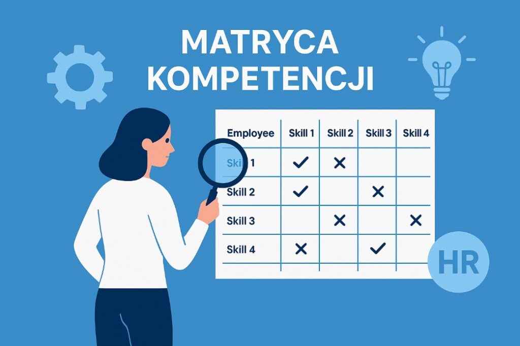Ilustracja przedstawiająca symbol głowy z ikonami kompetencji oraz elementy analizy umiejętności pracowników HR, na jasnobłękitnym tle.