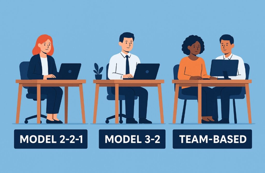 Ilustracja przedstawiająca trzy osoby pracujące w różnych modelach pracy hybrydowej – zdalnie, w biurze i w trybie mieszanym, na jasnobłękitnym tle.