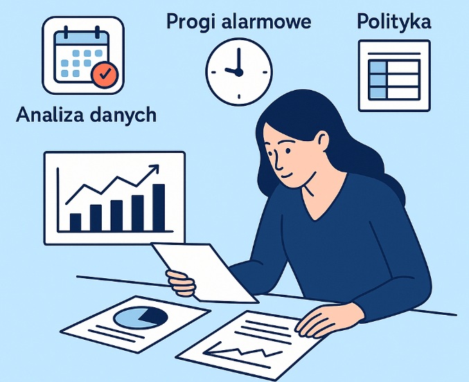 Infografika przedstawiająca najważniejsze elementy zarządzania krótkoterminowymi nieobecnościami, z polskimi napisami na błękitnym tle.