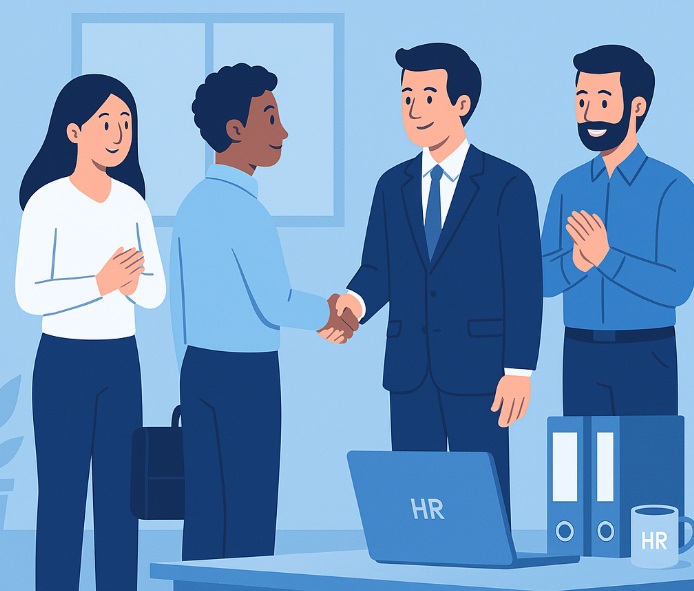 Zespół HR wita nowego pracownika w biurze – onboarding i budowanie lojalności
