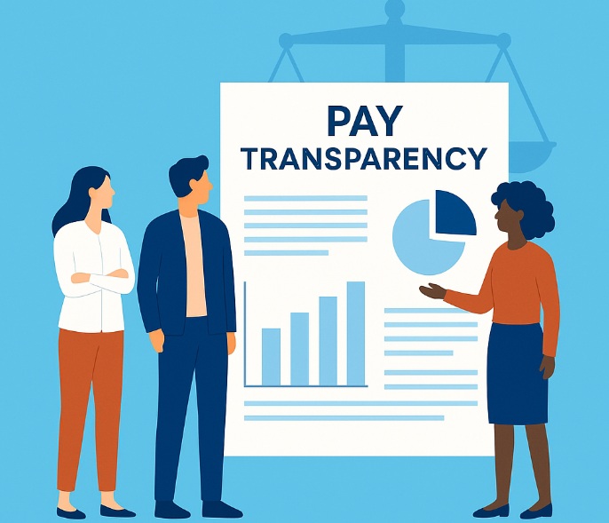 Ilustracja przedstawiająca trzech pracowników stojących przed dokumentem z napisem „Pay Transparency”, wykresami i symbolem równowagi na jasnobłękitnym tle.