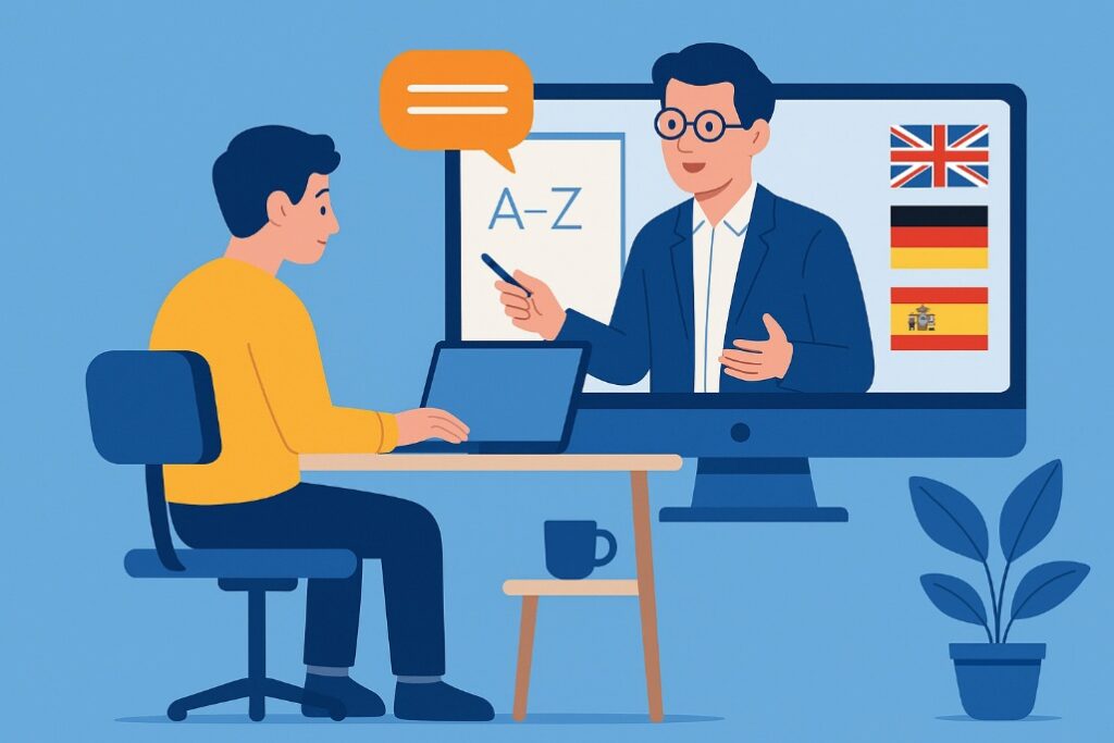 Pracownik uczestniczący w szkoleniu językowym online z nauczycielem i flagami krajów