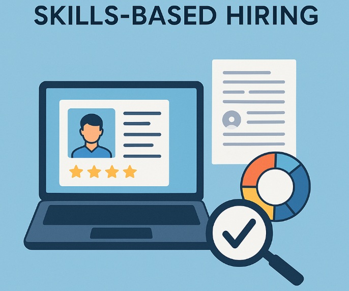 Ilustracja przedstawiająca laptop z profilem kandydata i wykresem kompetencji na błękitnym tle, symbolizująca rekrutację opartą na umiejętnościach.