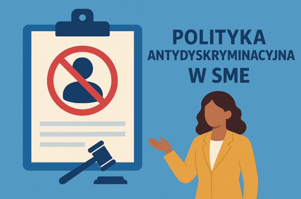 Ilustracja przedstawiająca wagę i dokument symbolizujące zasady równego traktowania w firmie, na jasnobłękitnym tle.