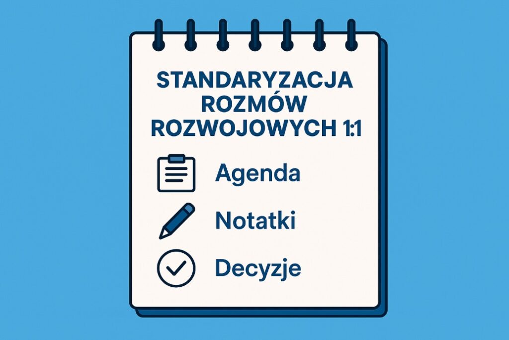 Ilustracja przedstawiająca osobę analizującą notatki i dokumenty podczas rozmowy 1:1, na jasnobłękitnym tle.