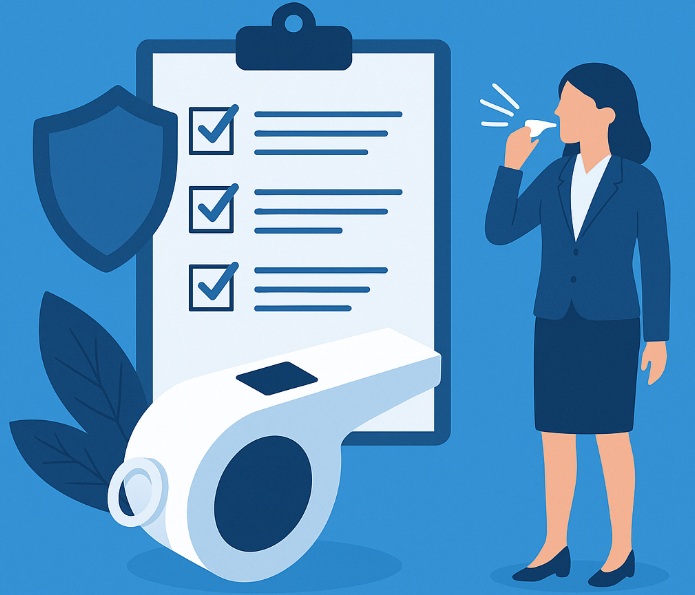 Ilustracja przedstawiająca kobietę zgłaszającą naruszenie za pomocą gwizdka, z dużą listą kontrolną, tarczą ochronną i symbolem whistleblowingu na błękitnym tle.