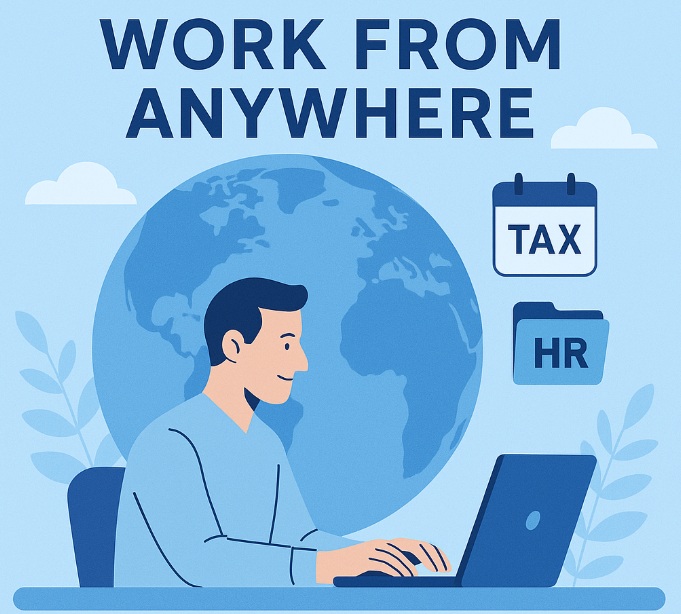 Pracownik przy laptopie z napisem „Work from Anywhere” oraz ikonami HR i TAX