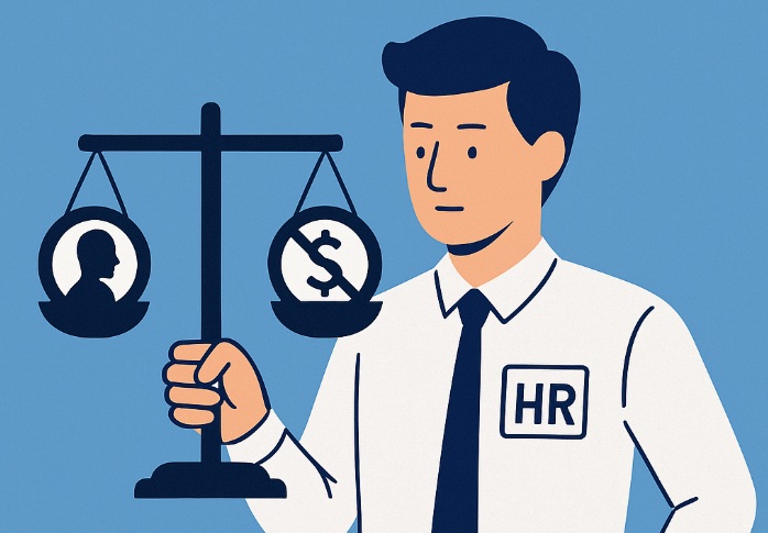 Ilustracja przedstawiająca osobę stojącą przy dokumentach i symbolicznej wadze, na jasnobłękitnym tle, obrazująca zarządzanie konfliktami interesów w HR.