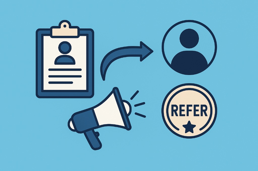 Ilustracja przedstawiająca grupę pracowników otaczających ikonę dokumentu i gwiazdy symbolizujące nagrody za polecenia, na jasnobłękitnym tle.