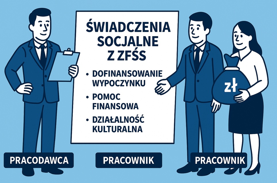 Ilustracja przedstawiająca pracowników omawiających świadczenia z Zakładowego Funduszu Świadczeń Socjalnych, na tle formularza i symboli benefitów.