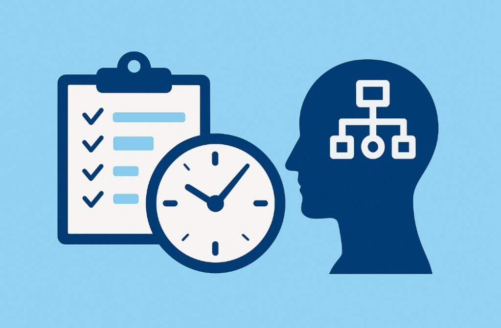 Grafika na błękitnym tle przedstawiająca ikonę harmonogramu, zegara oraz sylwetkę człowieka z symbolem algorytmu w głowie.