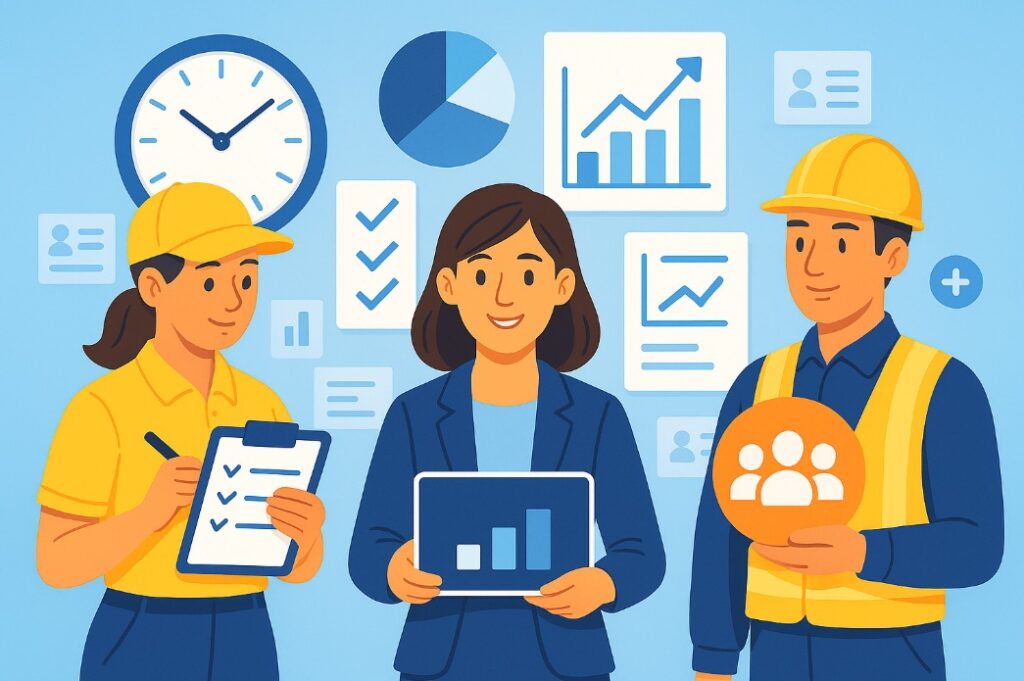 Ilustracja trzech pracowników na błękitnym tle z ikonami wykresów, zegara i dokumentów, symbolizująca analizę obciążenia pracą i liczenie FTE w dziale kadr.