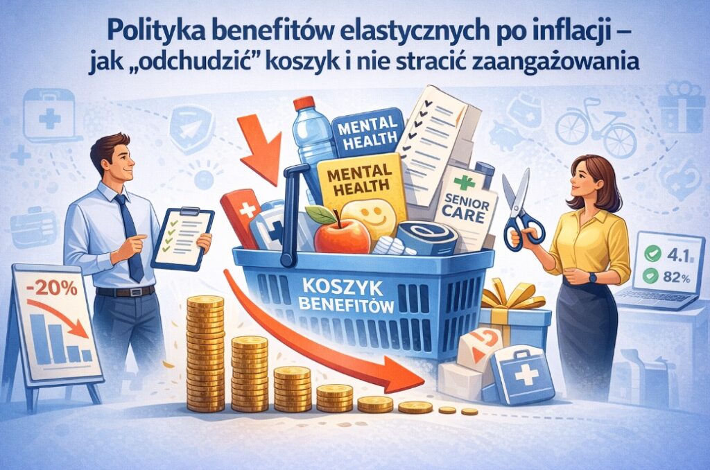 Ilustracja trzech osób na błękitnym tle, symbolizujących politykę benefitów elastycznych i proces odchudzania koszyka świadczeń.
