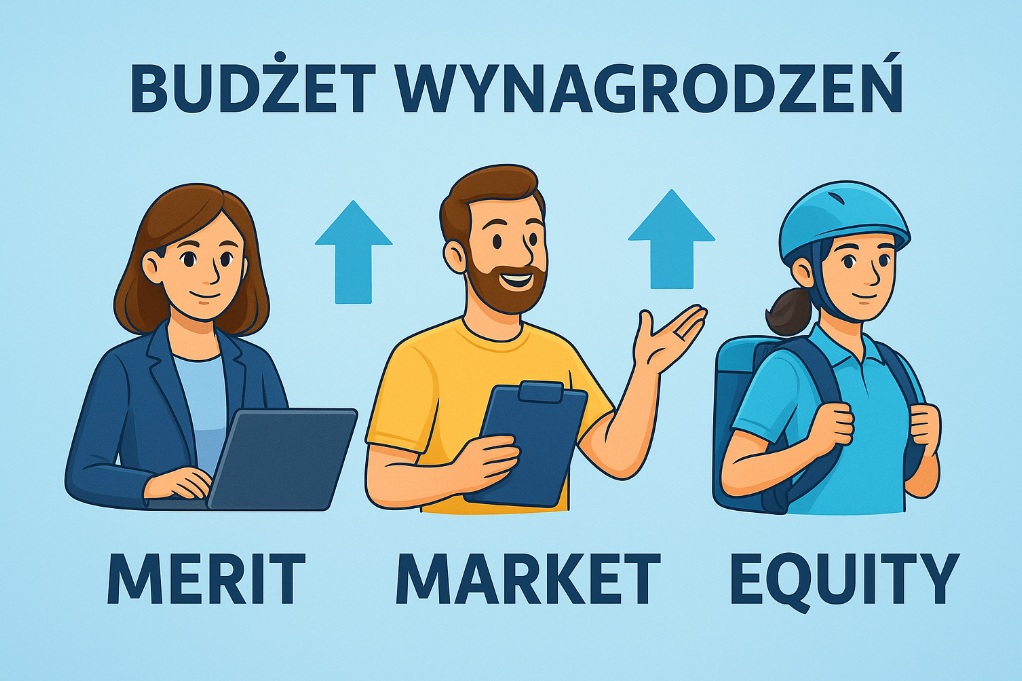 Ilustracja na błękitnym tle przedstawiająca trzy kategorie budżetu wynagrodzeń: MERIT, MARKET i EQUITY, ukazane jako trzy postacie zawodowe.