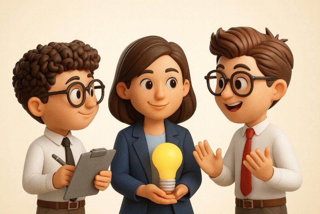 Ilustracja 3D trzech pracowników rozmawiających w zespole projektowym, symbolizująca kulturę ciągłego feedbacku i wspólnego uczenia się.