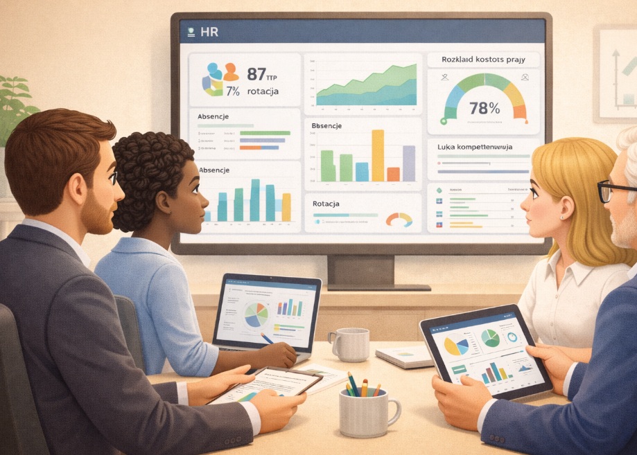 Ilustracja 3D przedstawiająca zarząd i HR analizujących dashboard BI z danymi kadrowymi, rotacją, absencją i kosztami pracy.