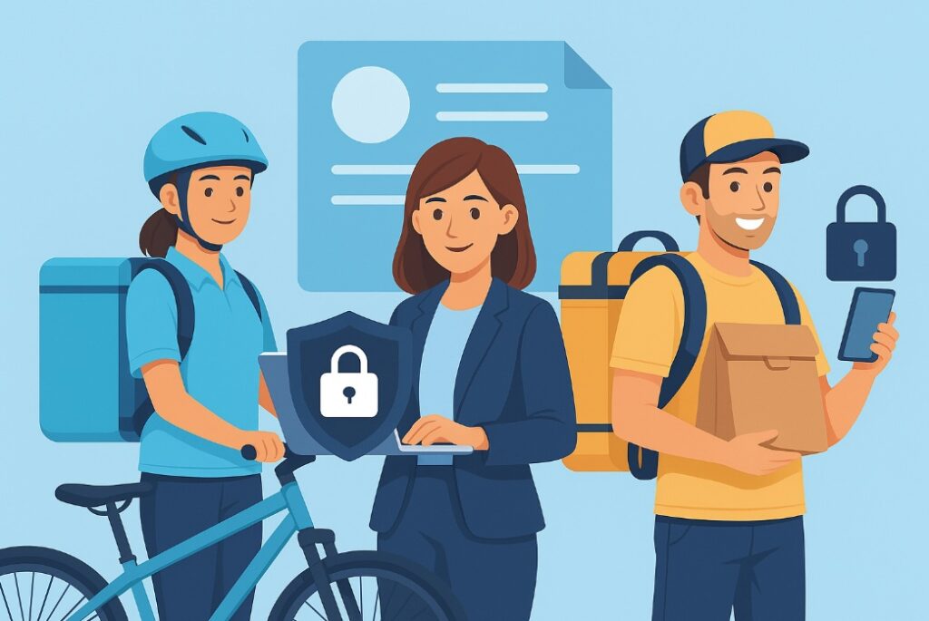 Ilustracja trzech pracowników na błękitnym tle przedstawiająca ochronę danych kadrowych i minimalizację zakresu przechowywania.